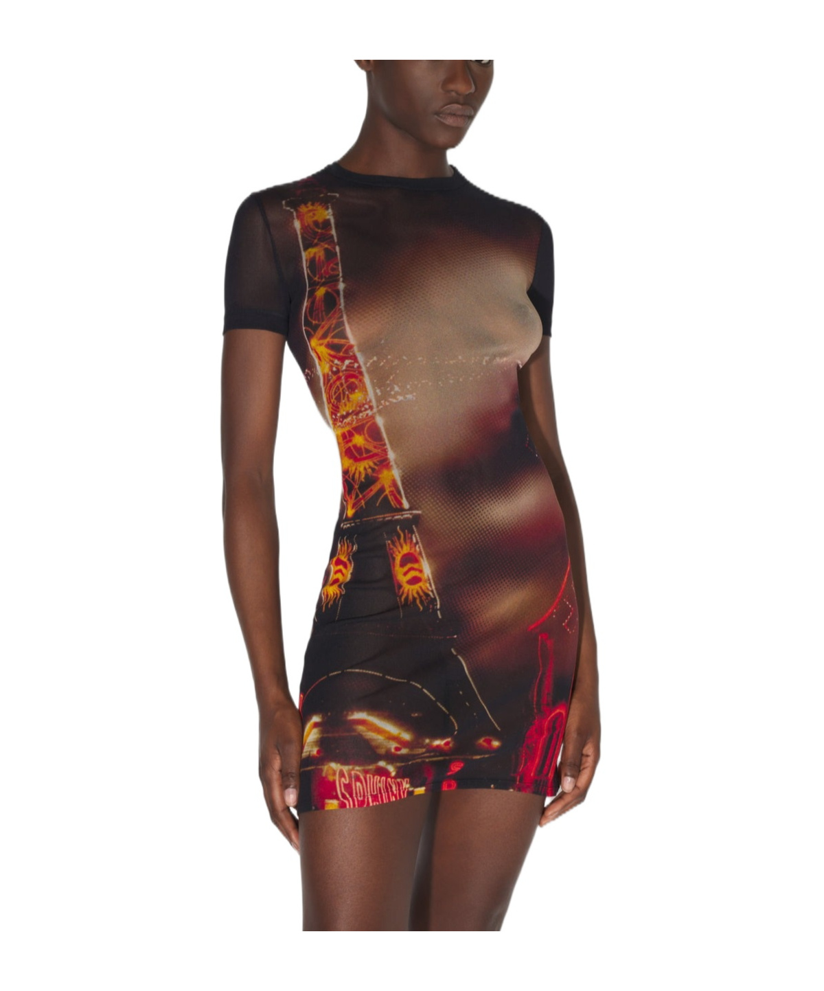 Jean Paul Gaultier Fitted Mesh Mini Dress With Pigalle City Print In Black