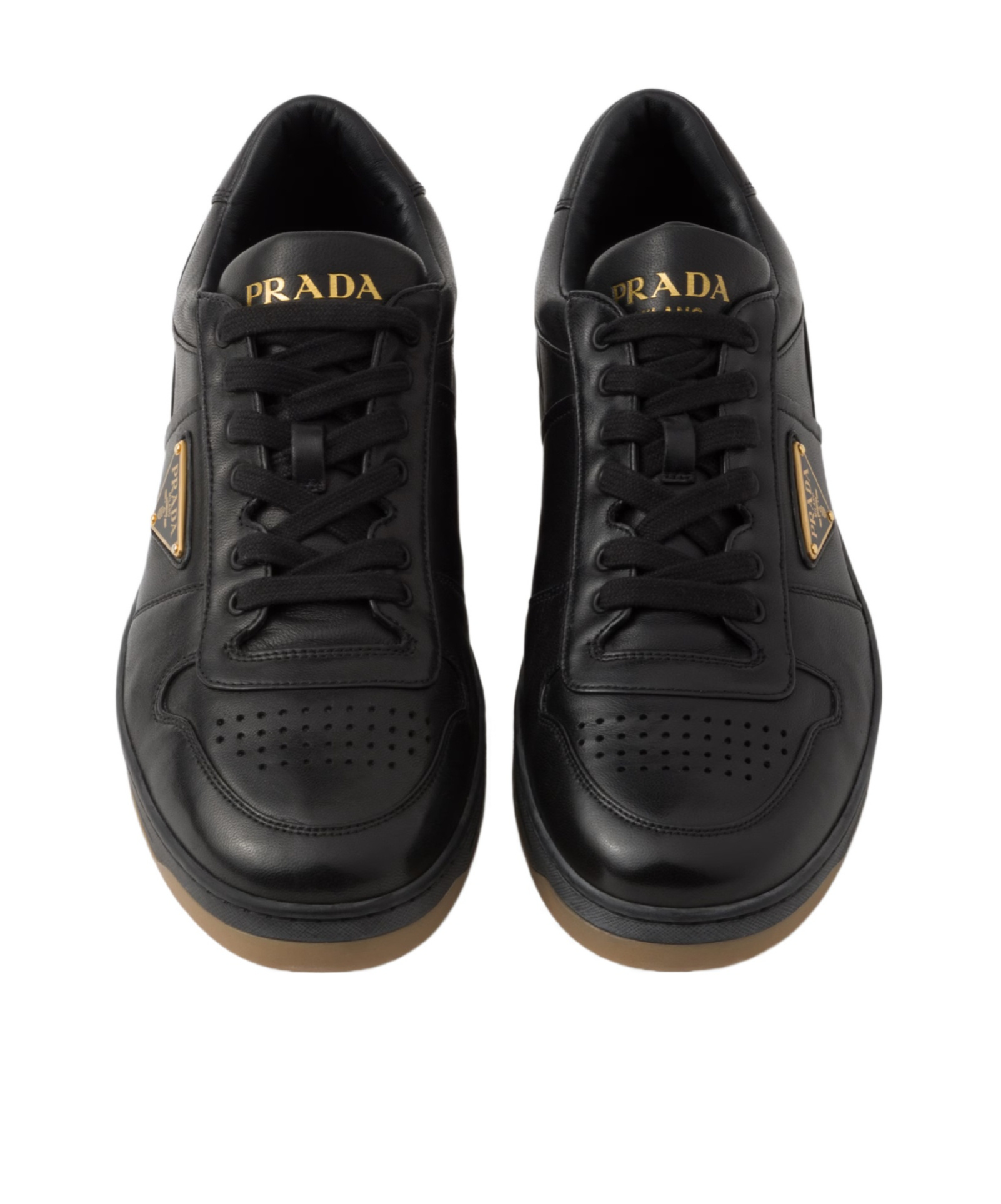 Prada Enamel-triangle Leather Sneakers In Black