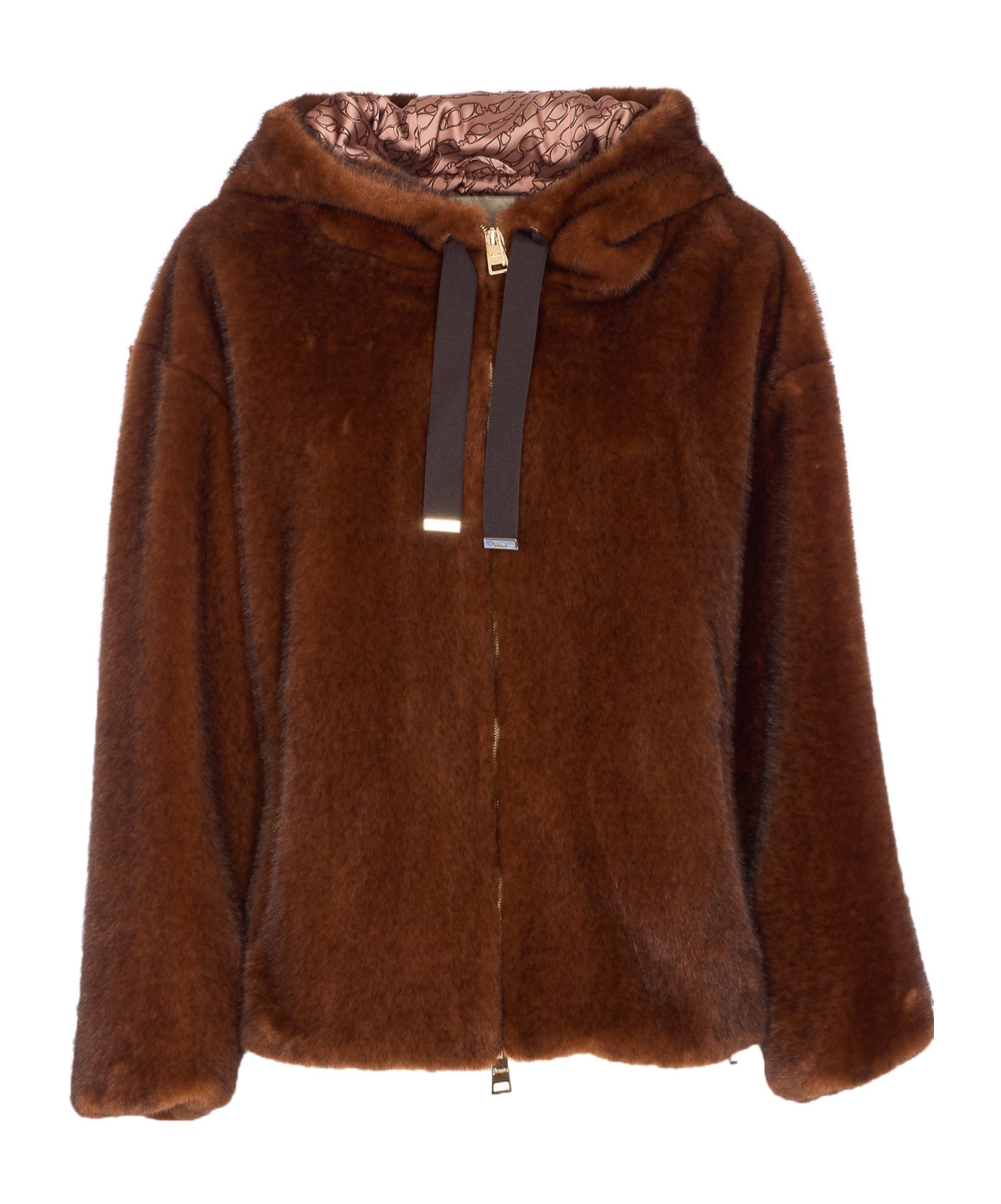 Herno Faux Fur Drawstring Hooded Bomber Jacket In Brown
