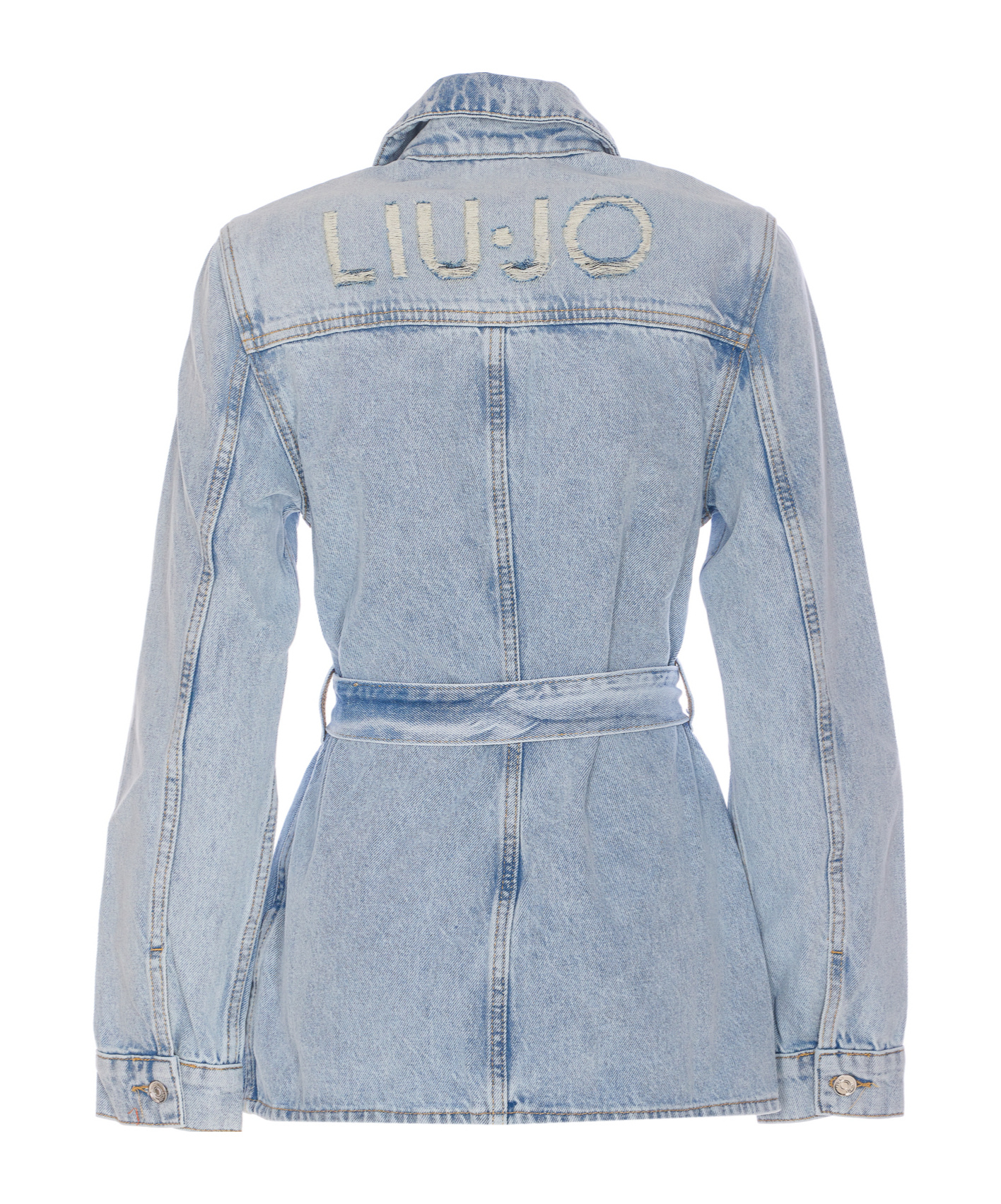 Liu •jo Denim Jacket With Belted Waist And Pockets In Gray