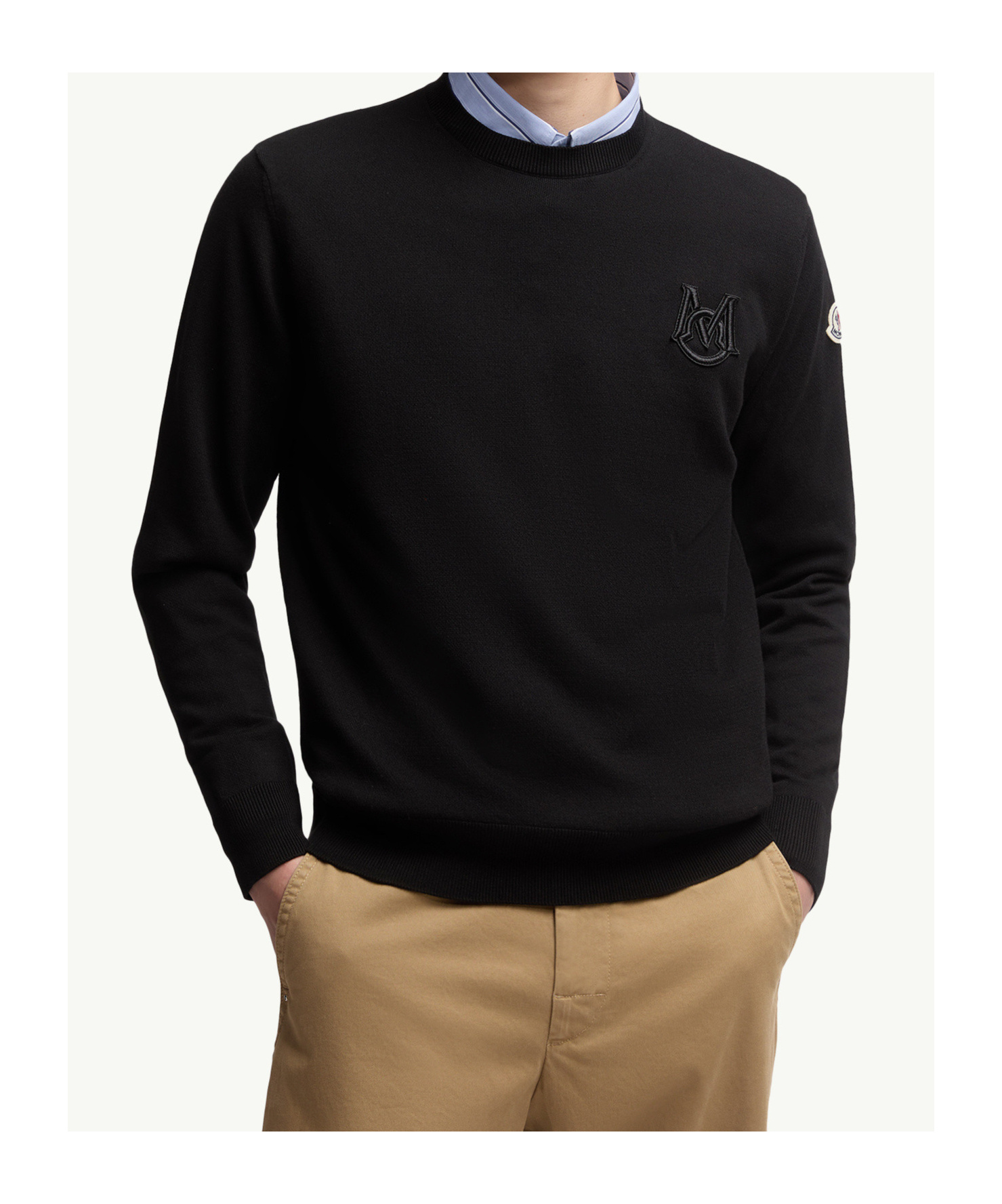 Moncler Embroidered Monogram Cotton Crewneck Sweater In Black