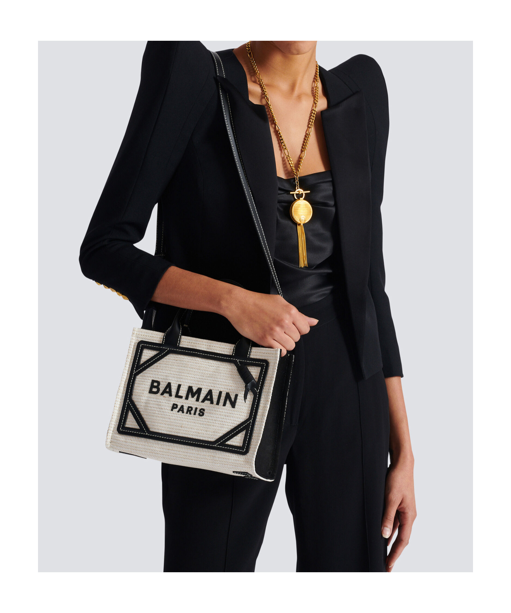 Balmain B-army Medium Shopper Tote Bag In Raffia And Leather In White