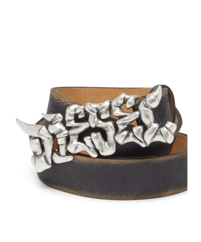 Diesel 3.5cm Treated Leather Belt With Graffiti Buckle In Metallic