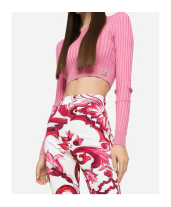 Dolce & Gabbana Cropped Sweater In Ribbed Silk In Pink