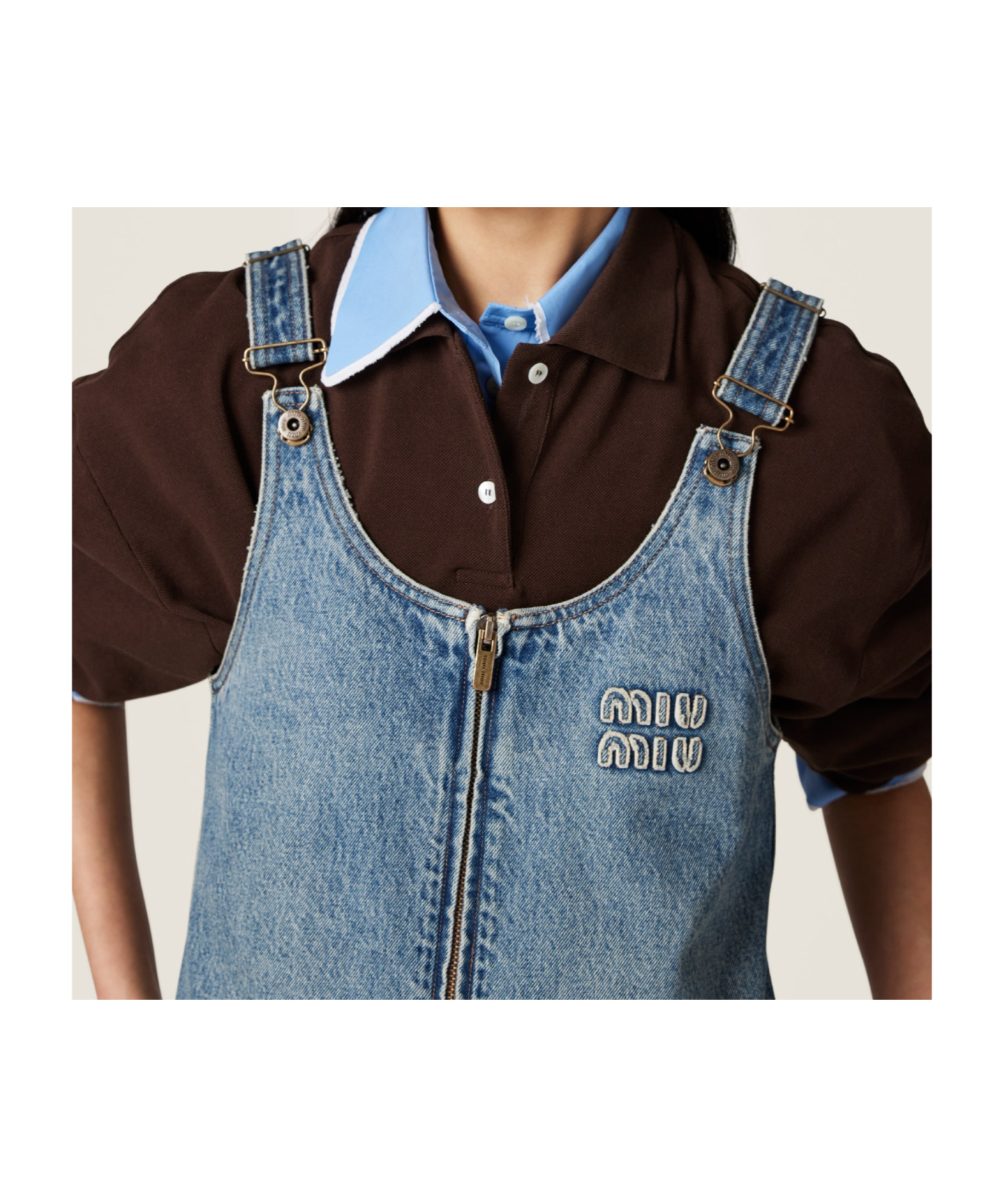 Miu Miu Denim And Poplin Zipper Dress In Blue