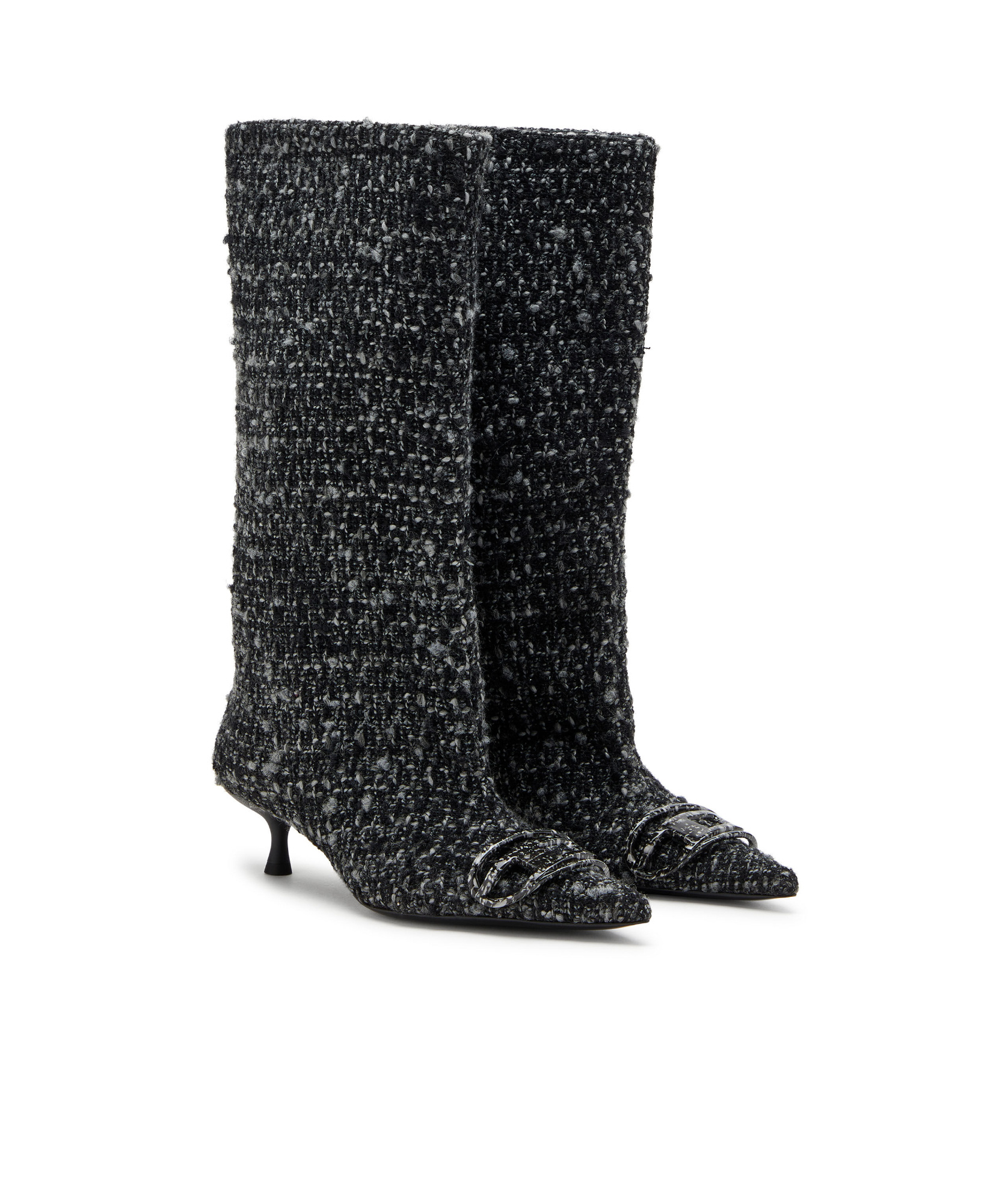 Diesel Tweed Boots With Kitten Heel And Buckle In Black