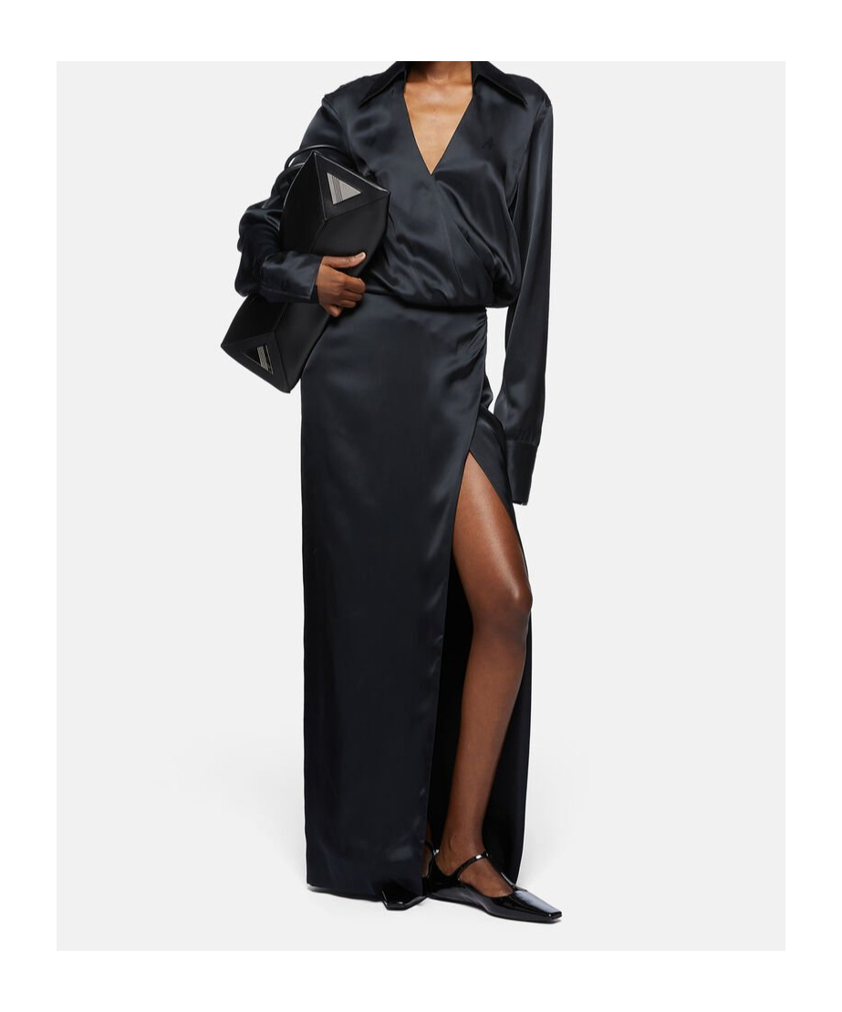 Attico Black Long Sleeve Midi Dress With Side Slit In Black