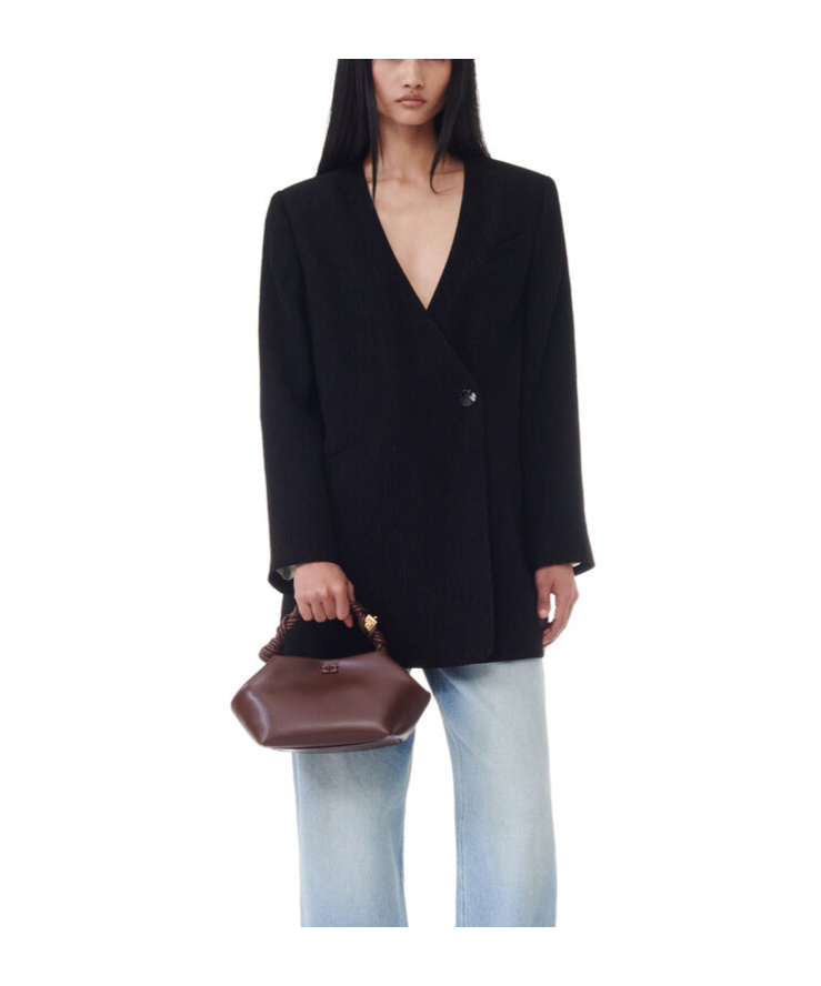 Ganni Textured Collarless Jacket In Black