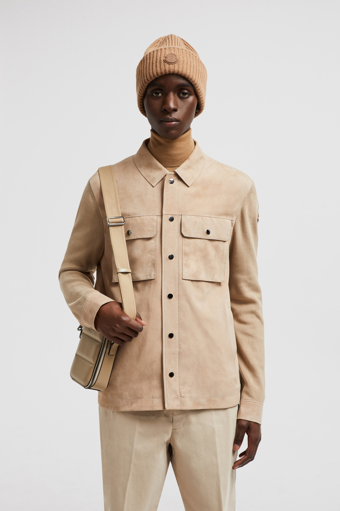Moncler Knitted Cotton & Suede Cardigan Jacket In Nude