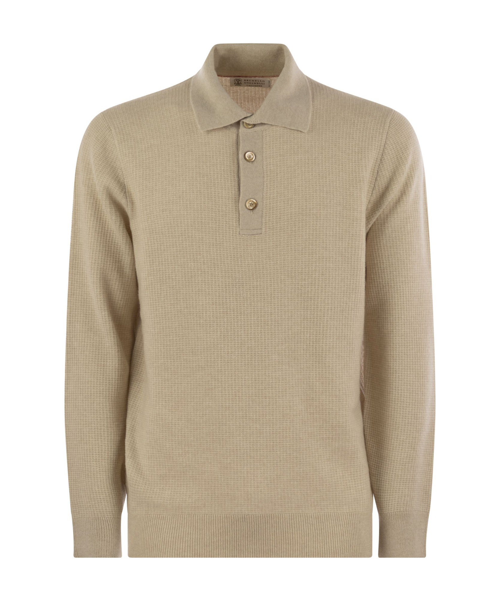 Brunello Cucinelli Men Waffle Stitch Cashmere Knit Polo Shirt With Long Sleeve In Nude