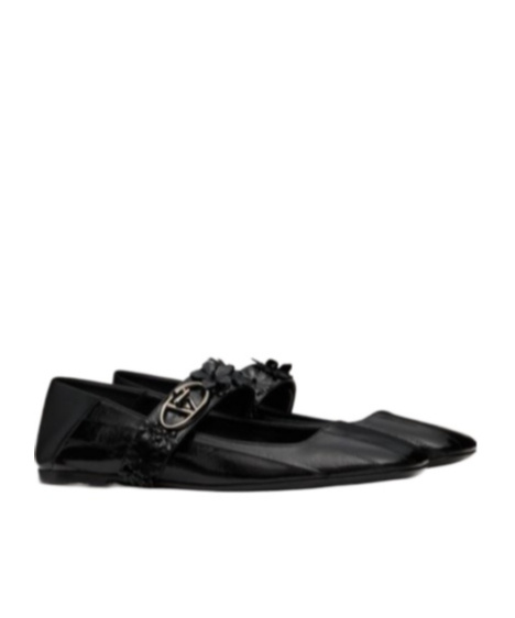 Valentino Garavani Vlogo Locker Mary-jane Ballerina In Eel With Flower Application Woman Black 37.5 In Black