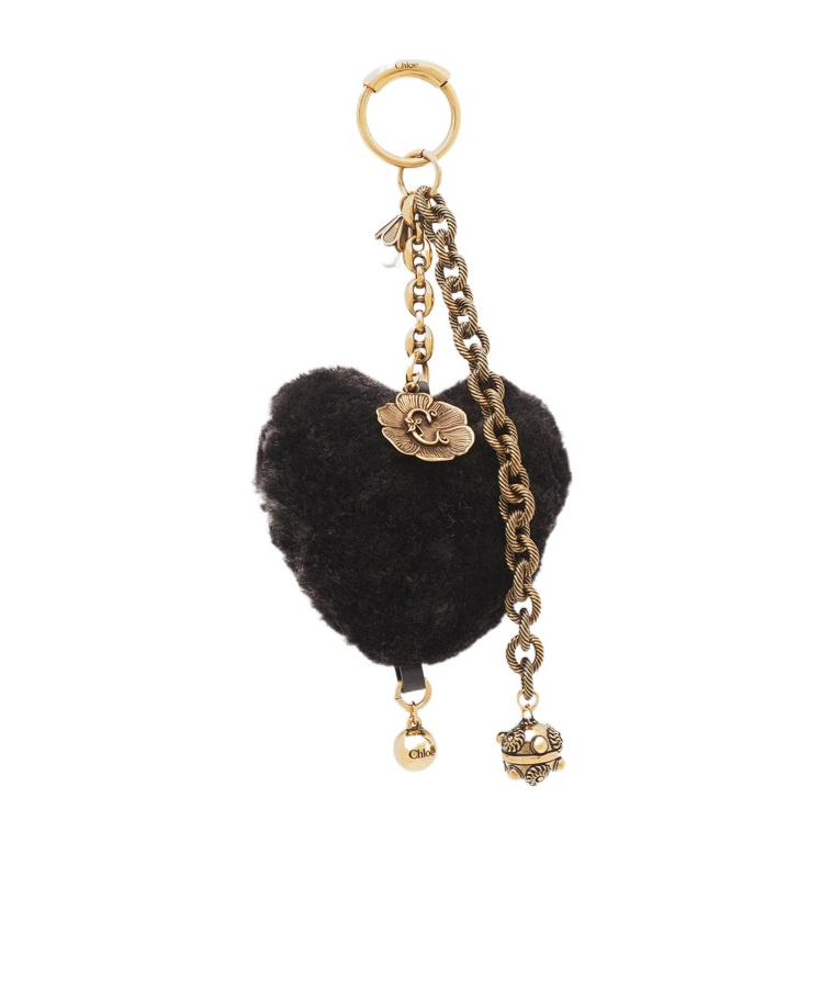 Chloé Symbols Heart Shearling Bag Charm In Brass In Black