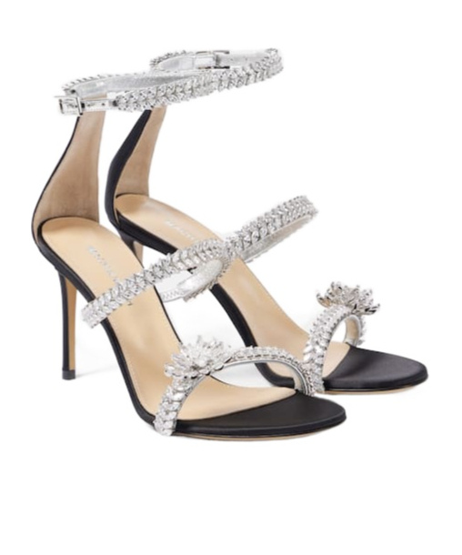 Machmach Crystal Flower Embellished Satin Sandals In Nude
