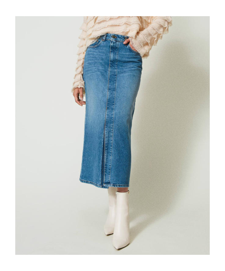 Twinset Medium Length Denim Skirt With Slit In Blue
