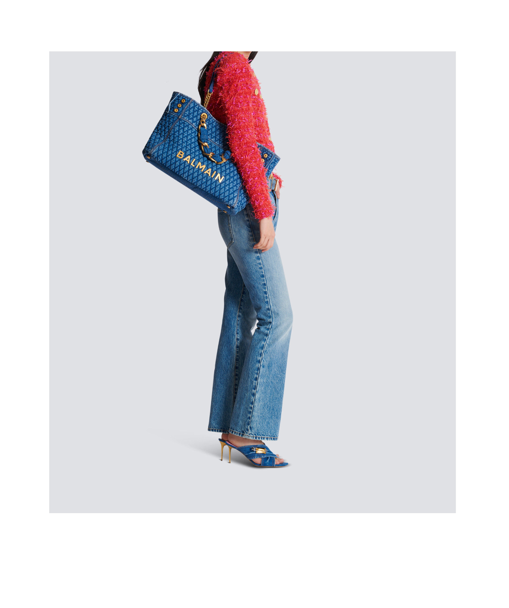Balmain 1945 Soft Tote Bag In Diamond-quilted Denim In Blue