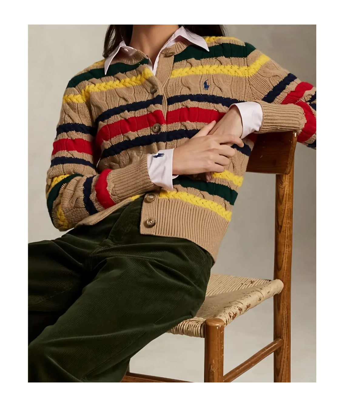 Polo Ralph Lauren Striped Cable Knit Cardigan With Ribbed Cuffs And Hem In Brown