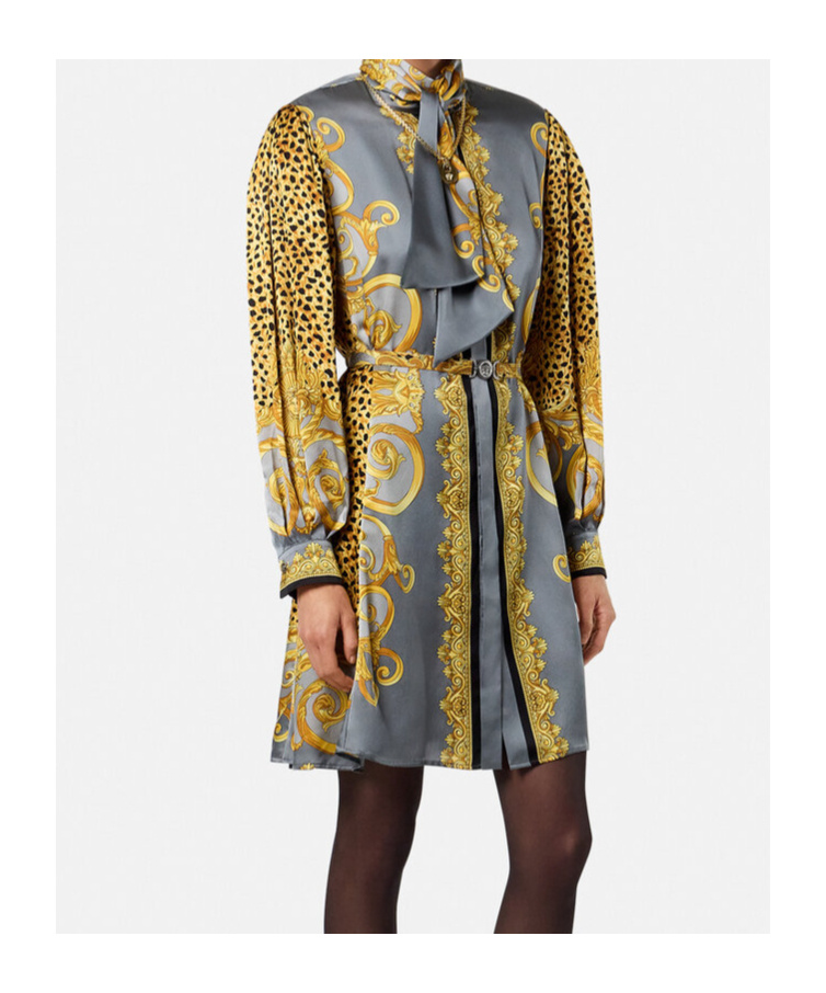 Versace Dress Cheetah Foulard On Silk Crepe Satin Lw Clothing In Gray