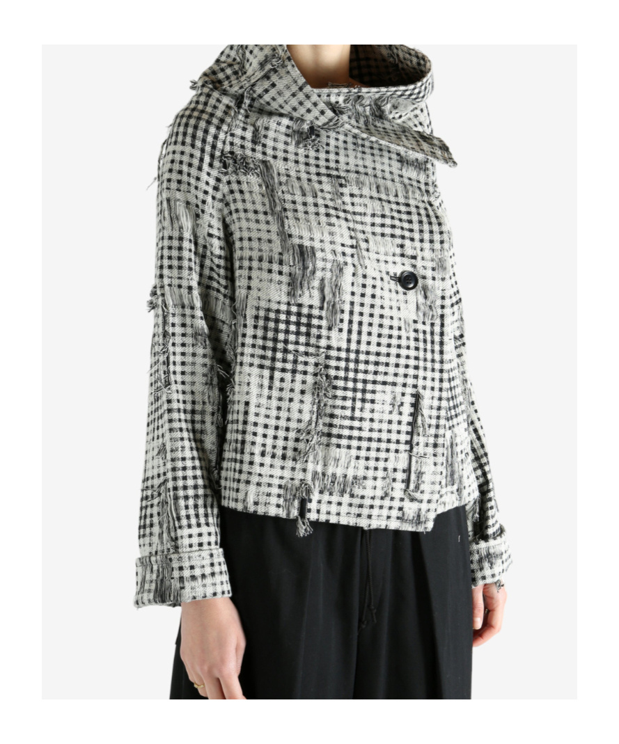 Y's Check-pattern Frayed-hem Jacket In Gray