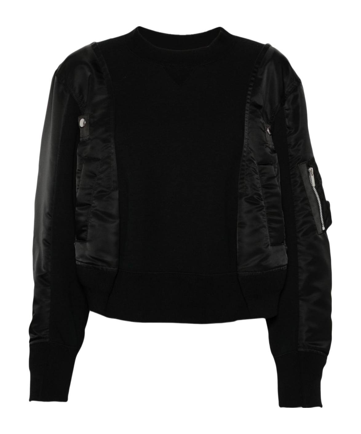 Sacai Crewneck Sweater With Satin Panels And Zip Pocket In Black