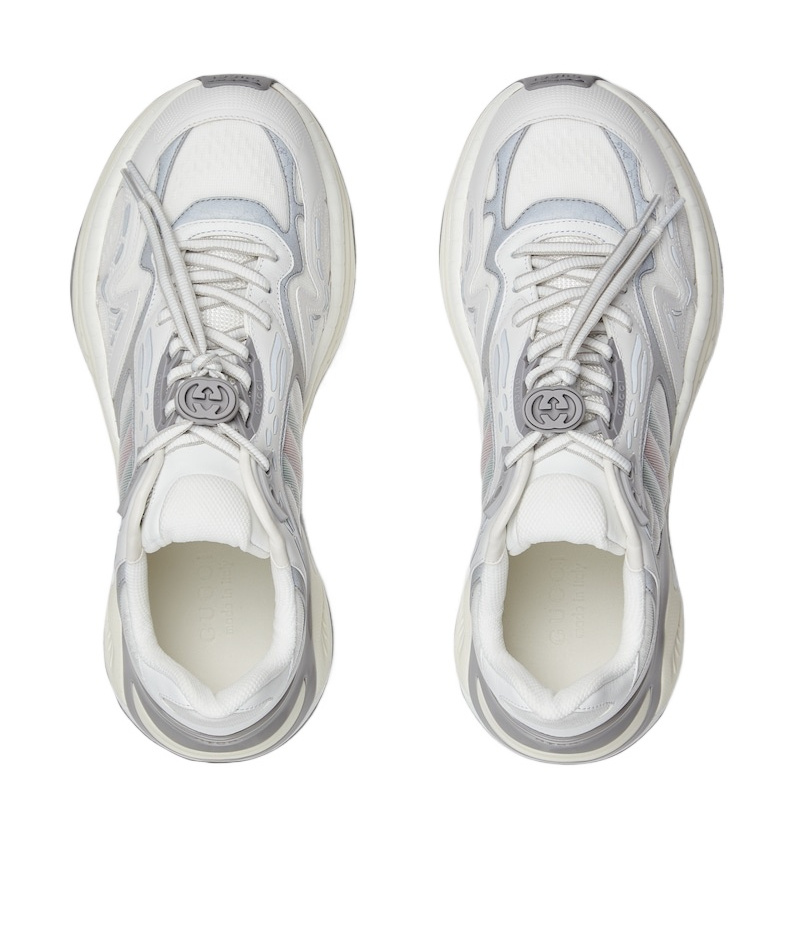 Gucci Leather Mesh Sneakers Featuring Signature Band In White And Gray