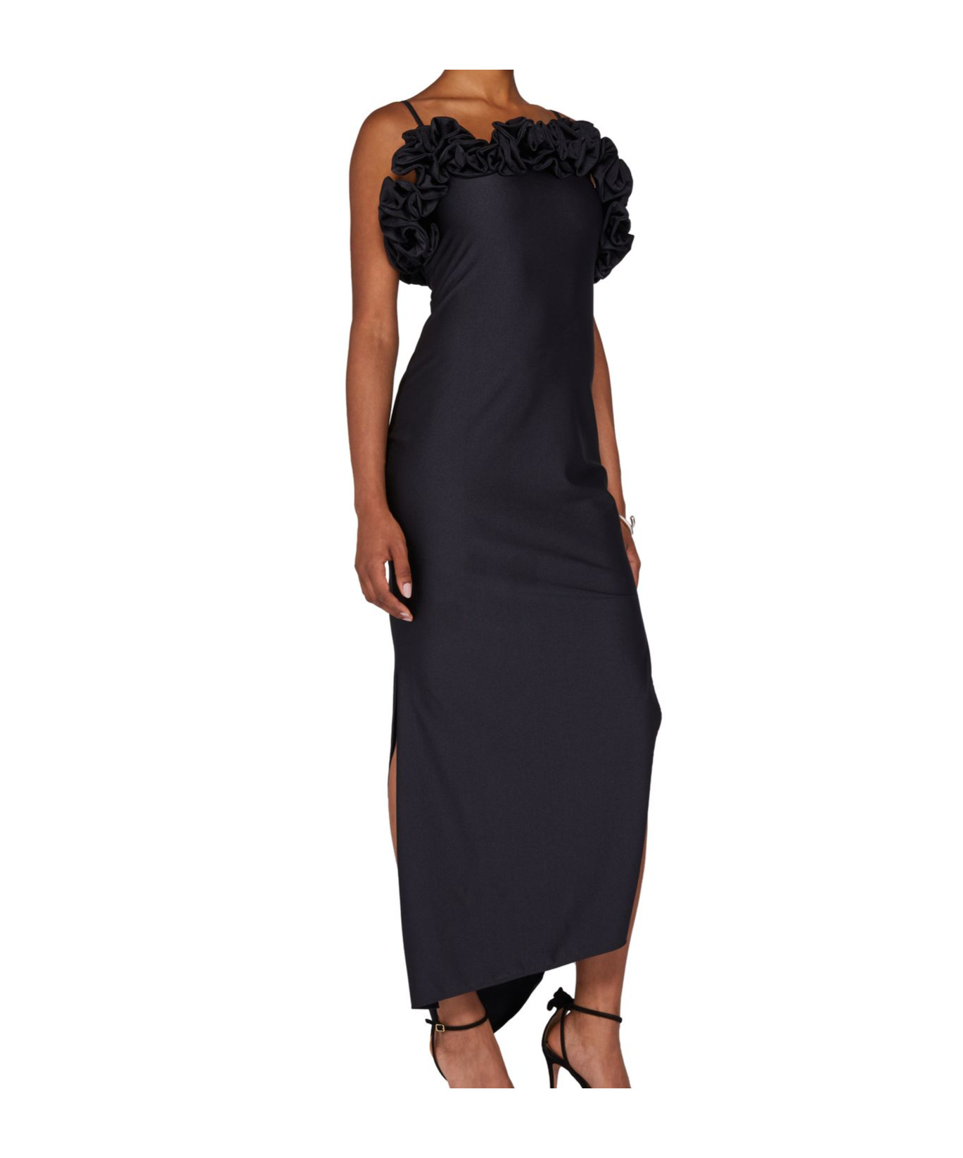 Coperni Zip Ruffle Off-the-shoulder Satin Midi Slip Dress