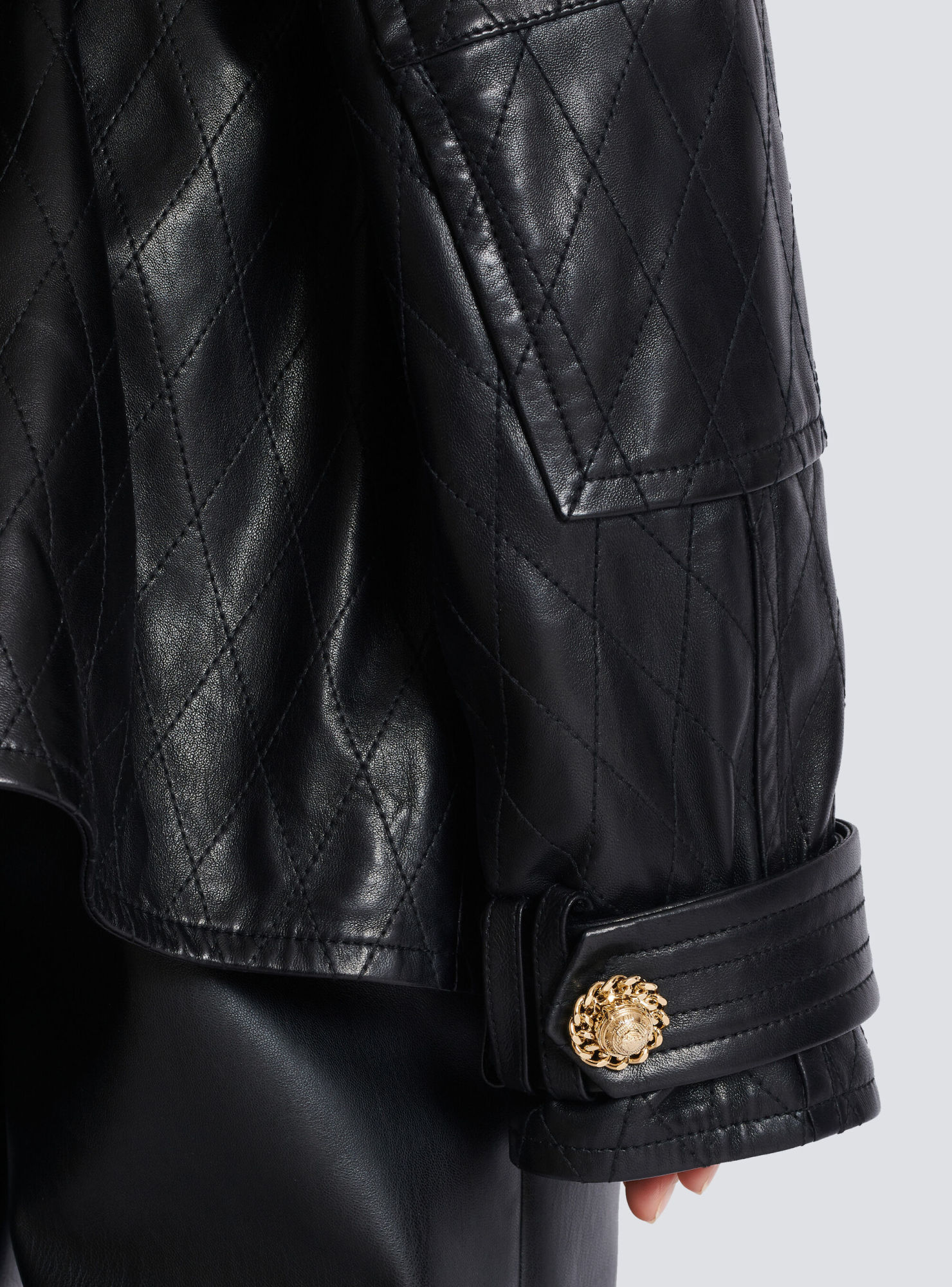 Balmain Lambskin Leather Parka With Topstitched Diamond Pattern In Black