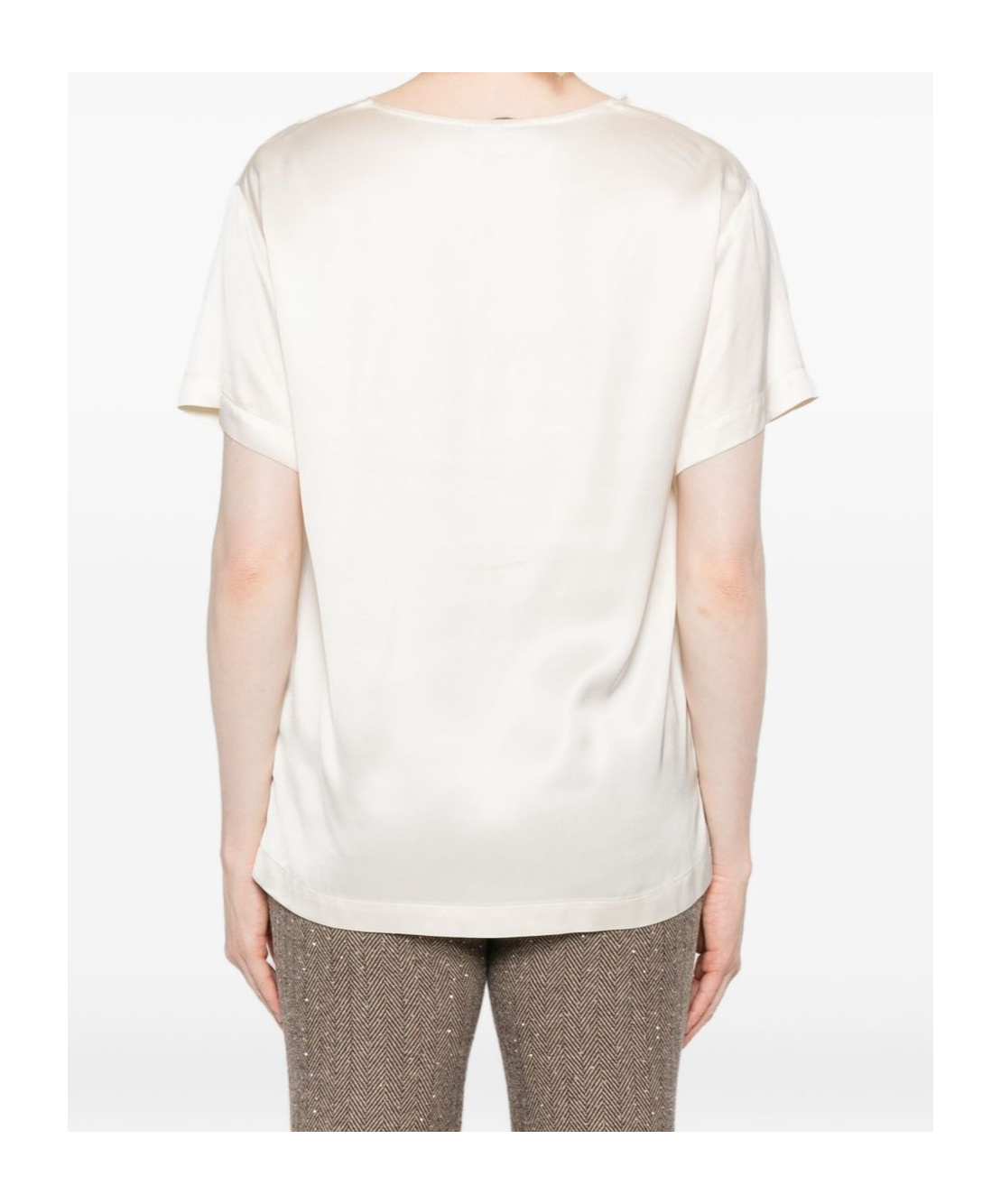 Ermanno Firenze Satin V Neck Lace Trim Top In White