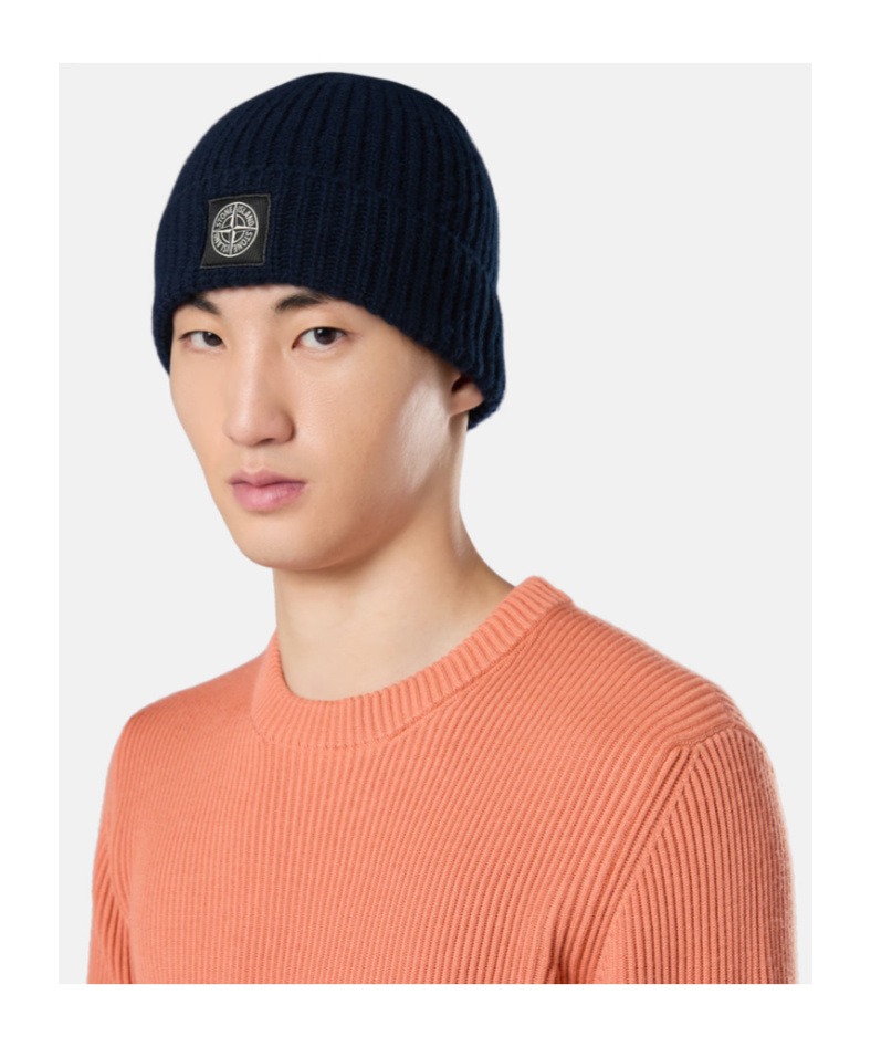 Stone Island Beanie With Compass Patch And Ribbed Cuff In Blue
