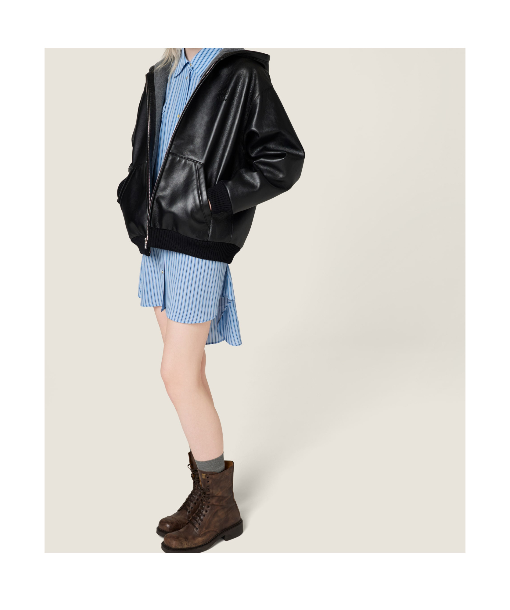 Miu Miu Nappa Leather Hoodie Jacket In Black