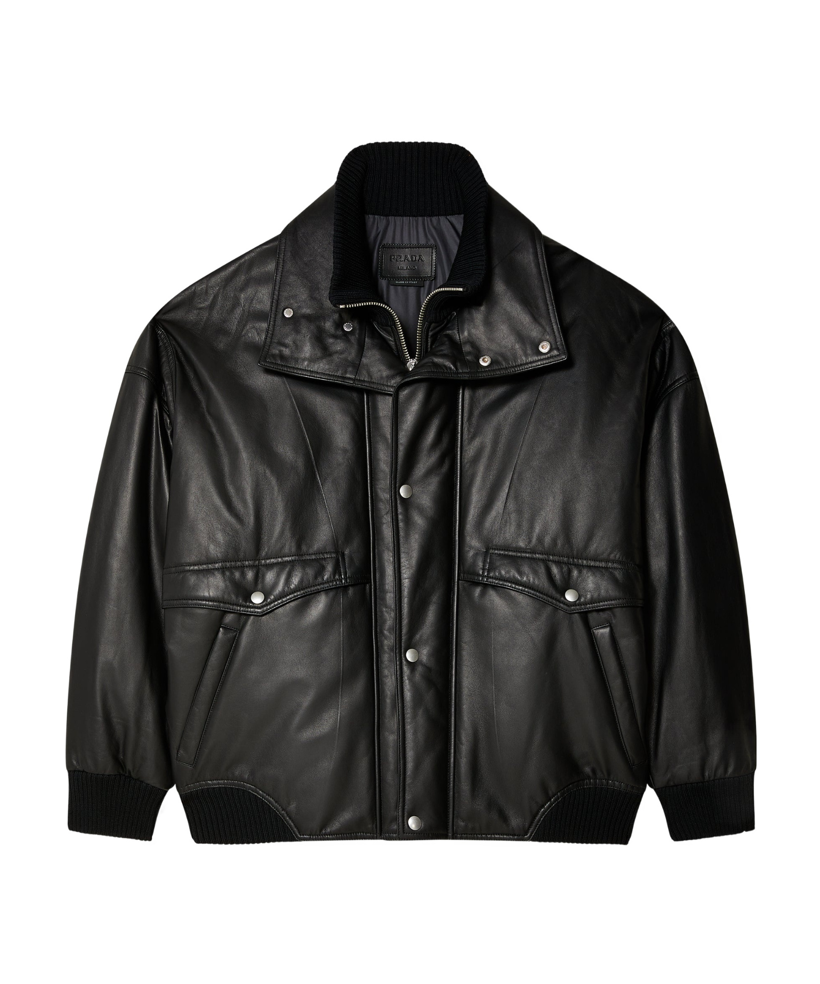 Prada Long-sleeved Leather Jacket In Black