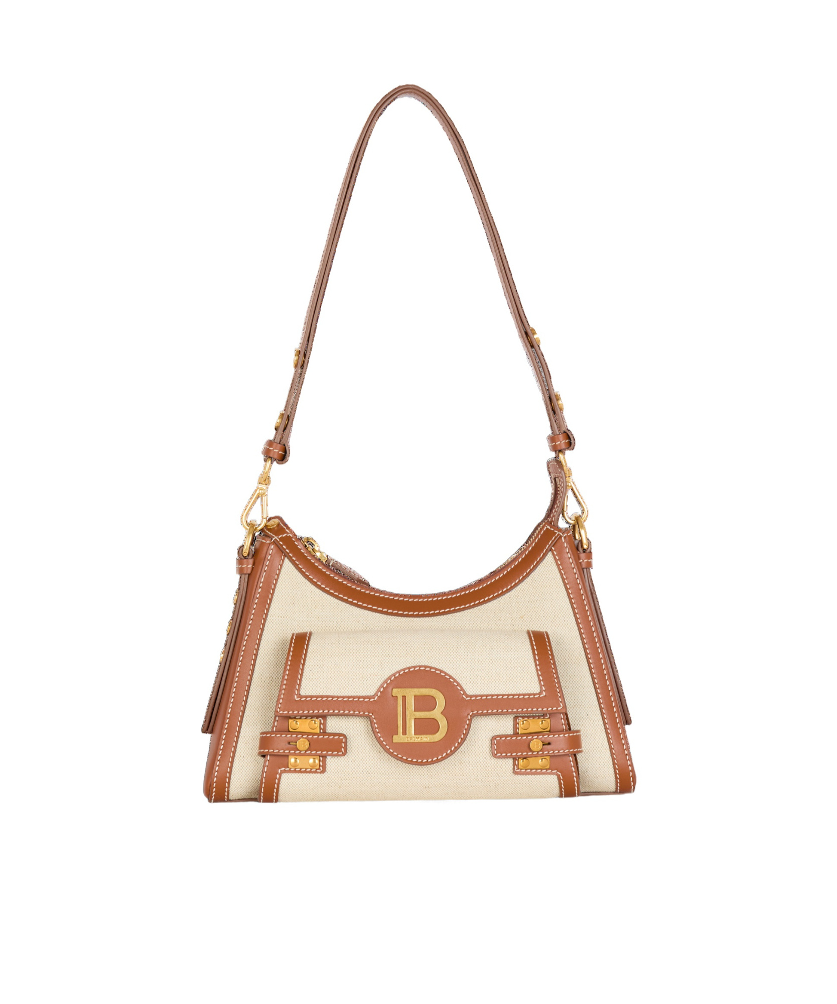 Shop Balmain B-buzz Hobo Bag In Leather And Canvas In Nude