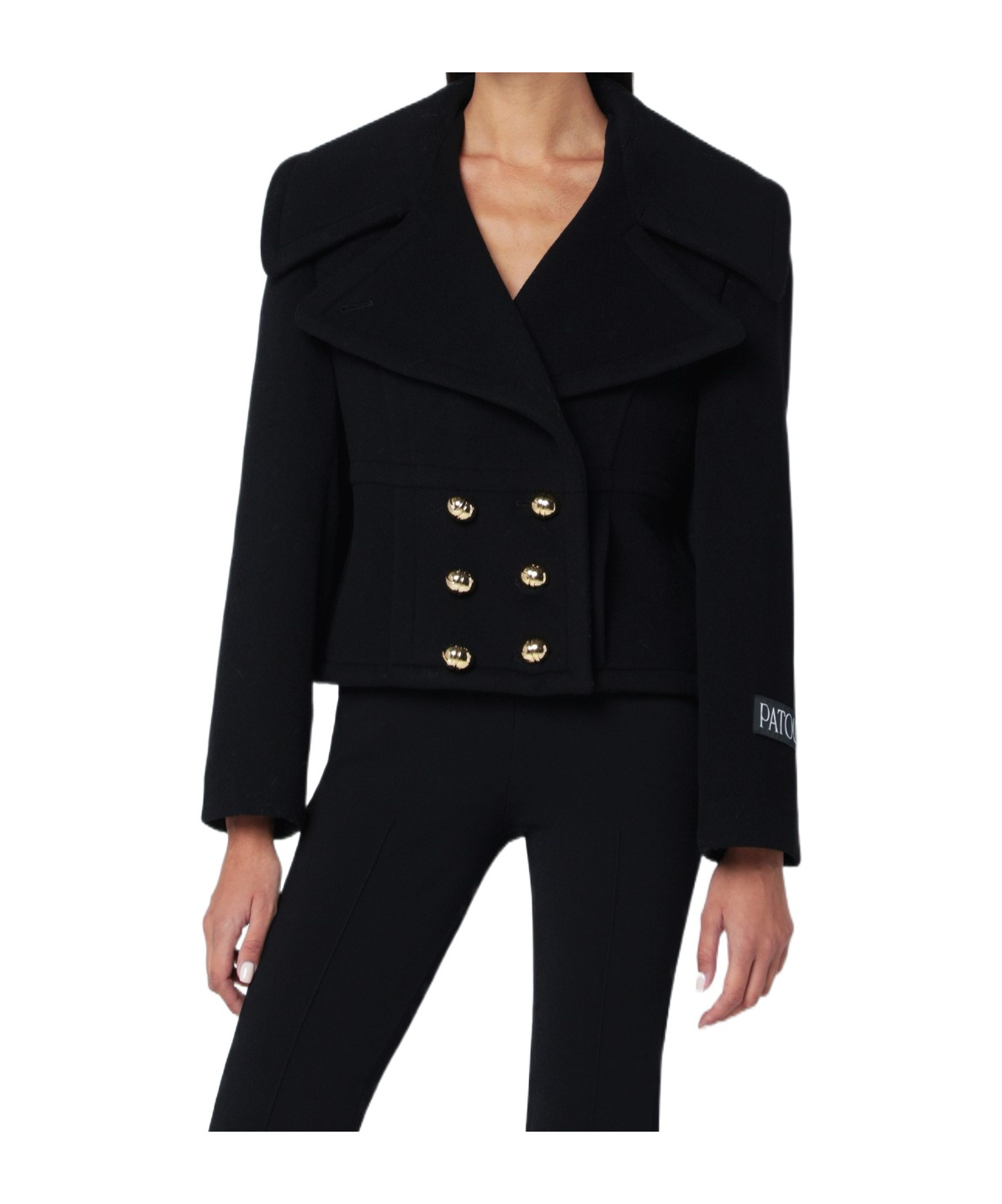 Patou Cropped Double Breasted Coat With Gold Buttons In Black