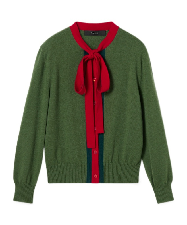 Gucci Knit Wool Cashmere Cardigan With Web In Green