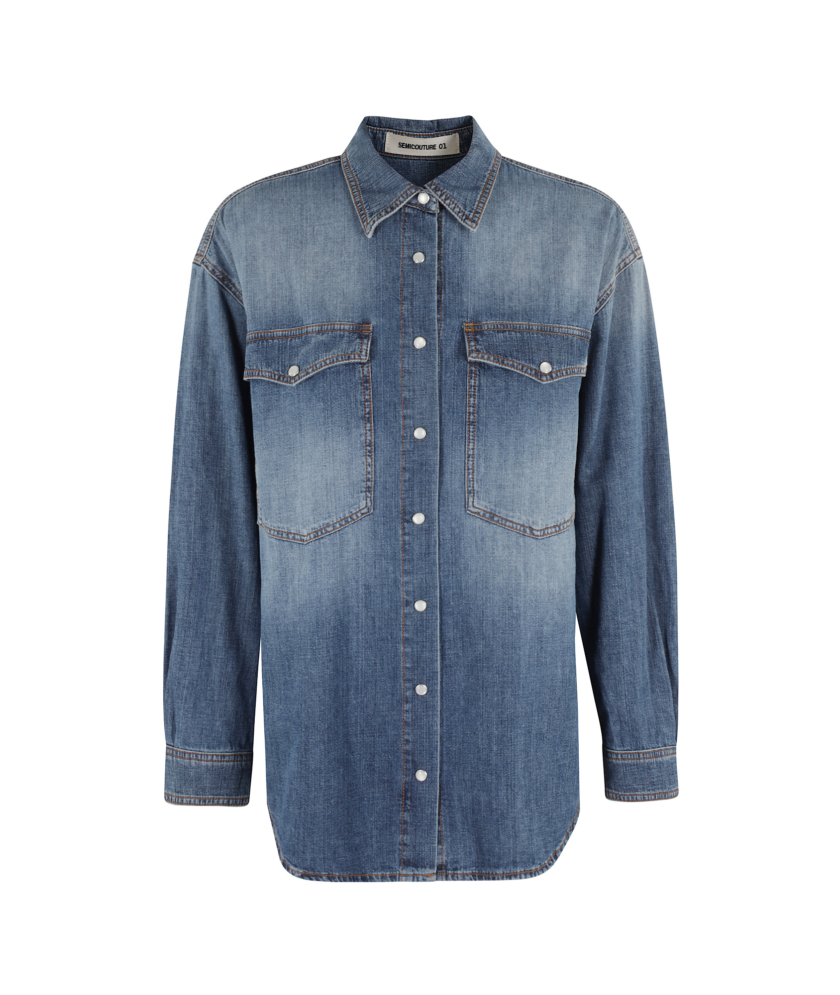 Shop Semicouture Long Sleeve Denim Shirt In Blue