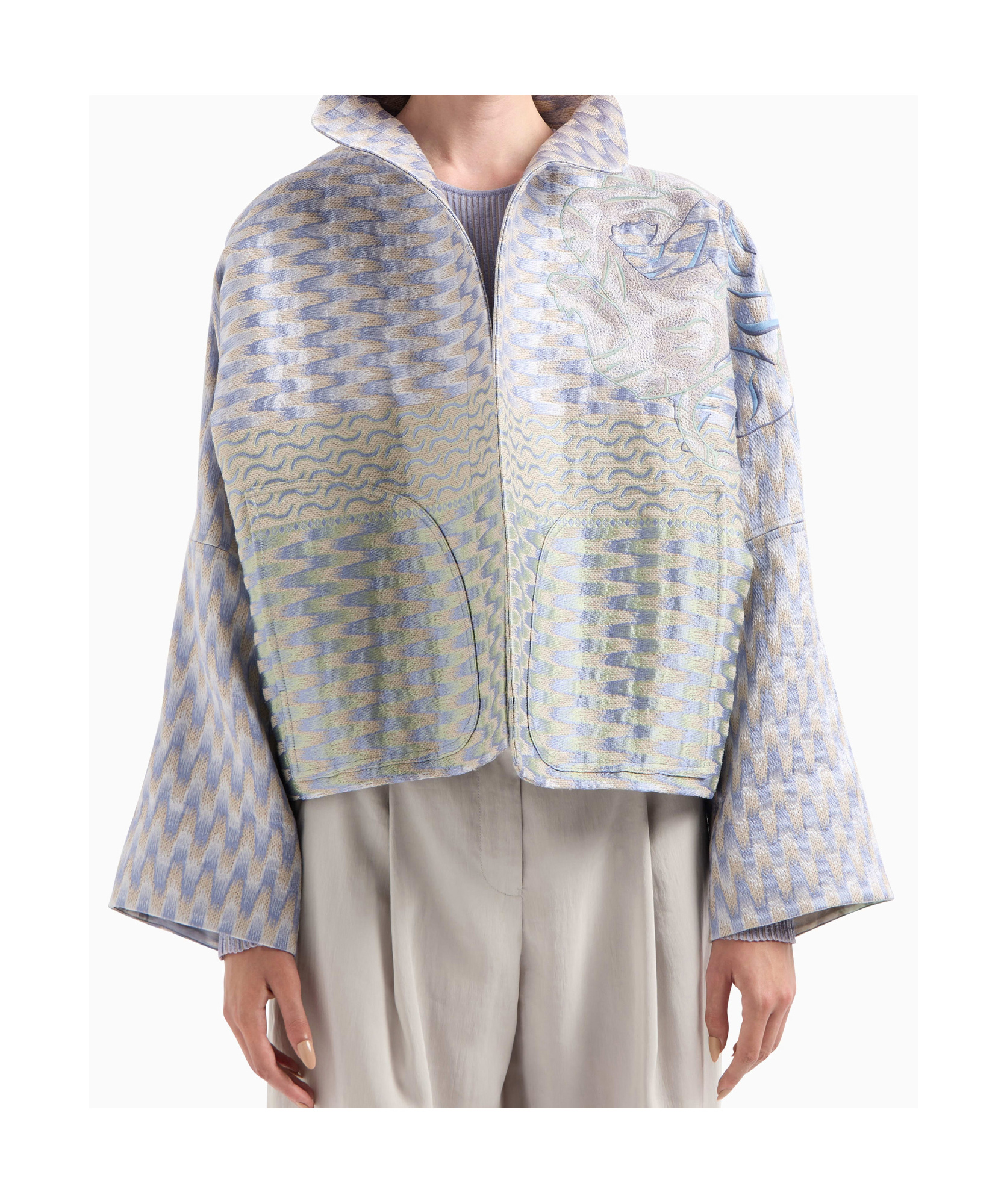 Giorgio Armani Silk, Linen And Hemp Jacquard Pea Coat In Grey