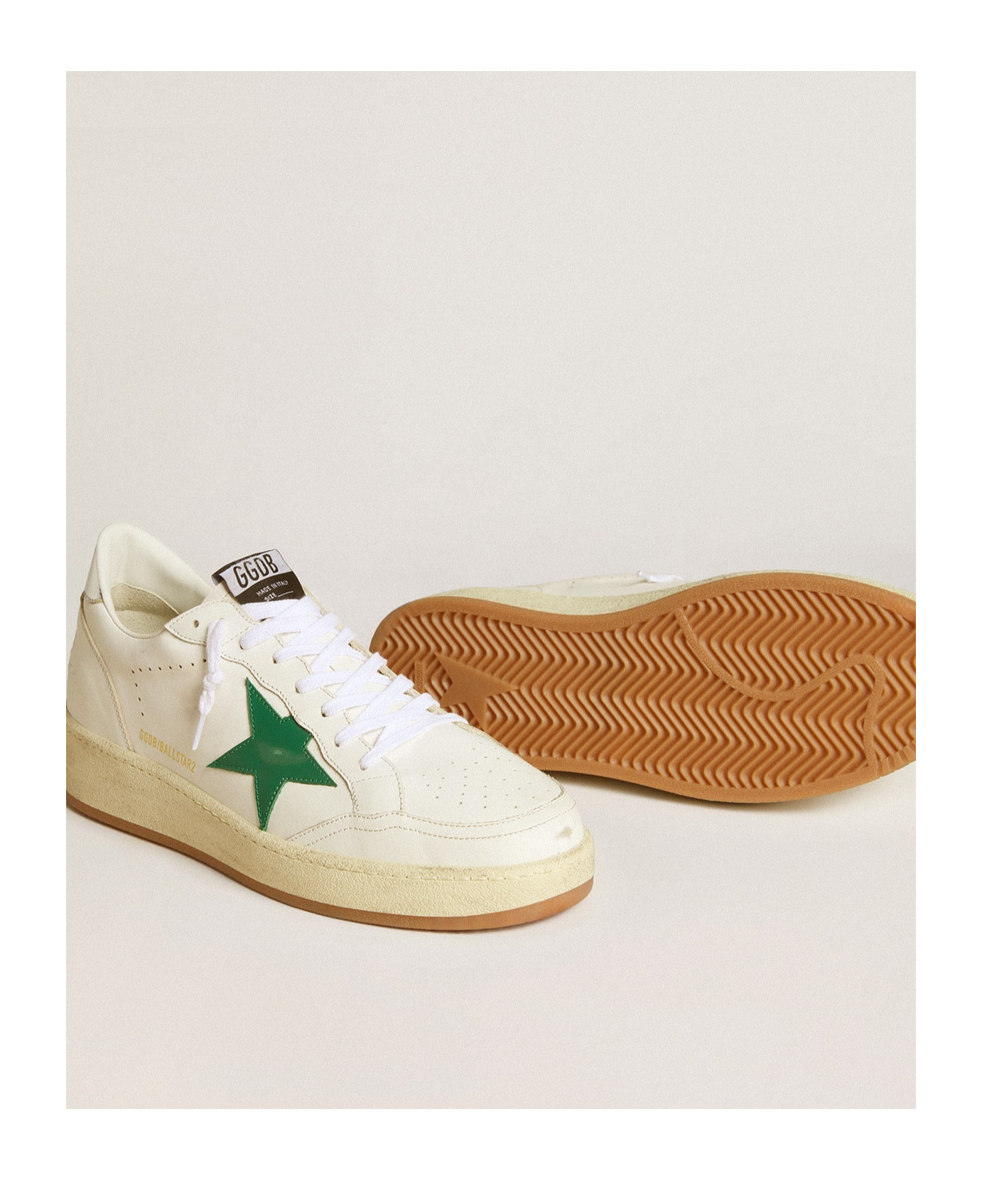 Shop Golden Goose Ball Star 2 With Green Leather Star And Metallic Leather Heel Tab In Nude