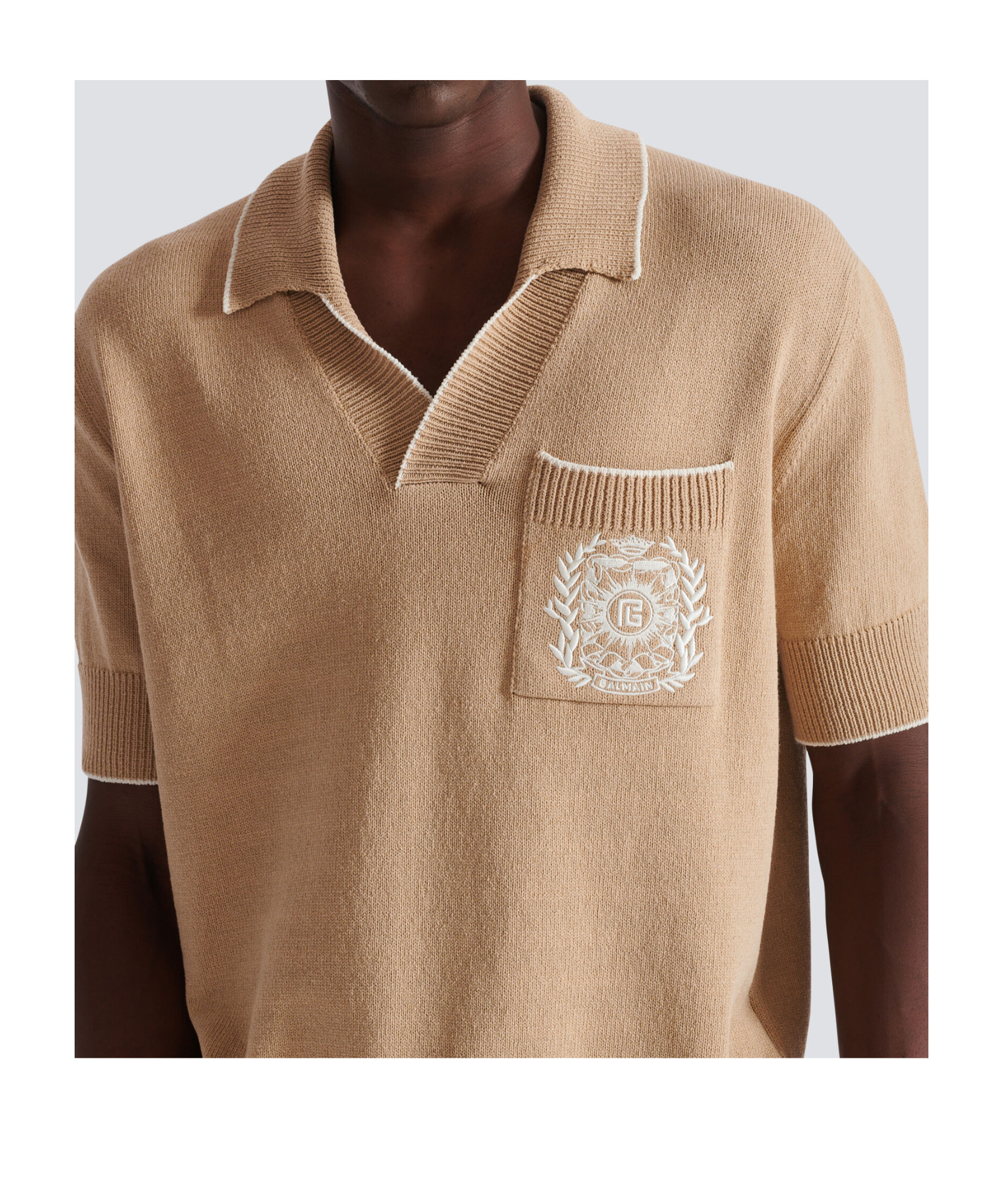 Shop Balmain Écusson Embroidered Knit Polo Shirt