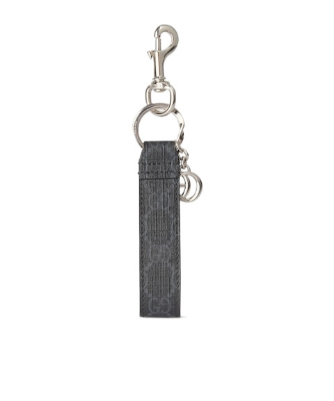 Gucci Logo Plaque Monogrammed Keychain In Gray