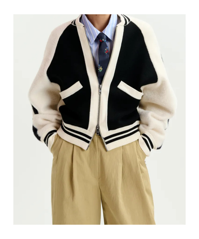 Essentiel Antwerp Black And White Faux Fur-panelled Knitted Bomber Jacket In Multi