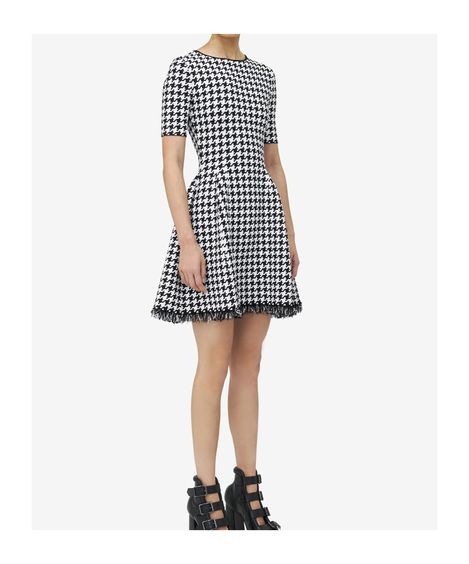 Alexander Mcqueen Fringe Trim Houndstooth Round Neckline Short Sleeves In Black