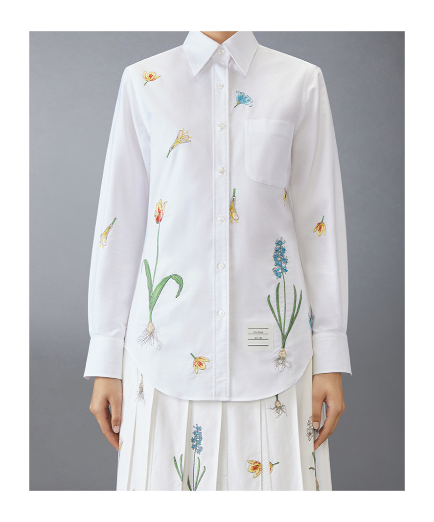 Thom Browne Floral Embroidered Cotton Button-down Shirt In White