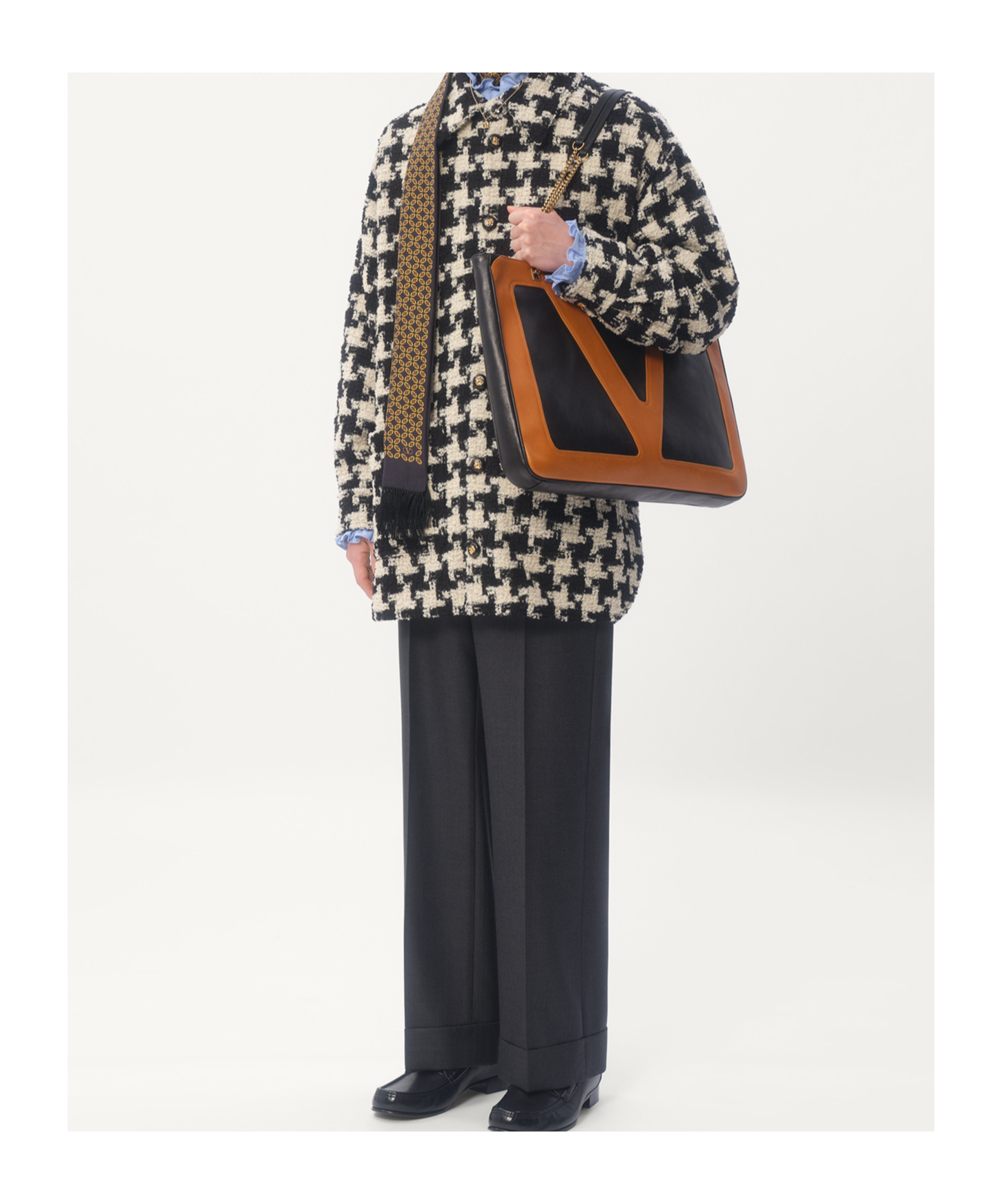 Valentino Wool Shirt Jacket With Pied De Coque Pattern In Ivory/black