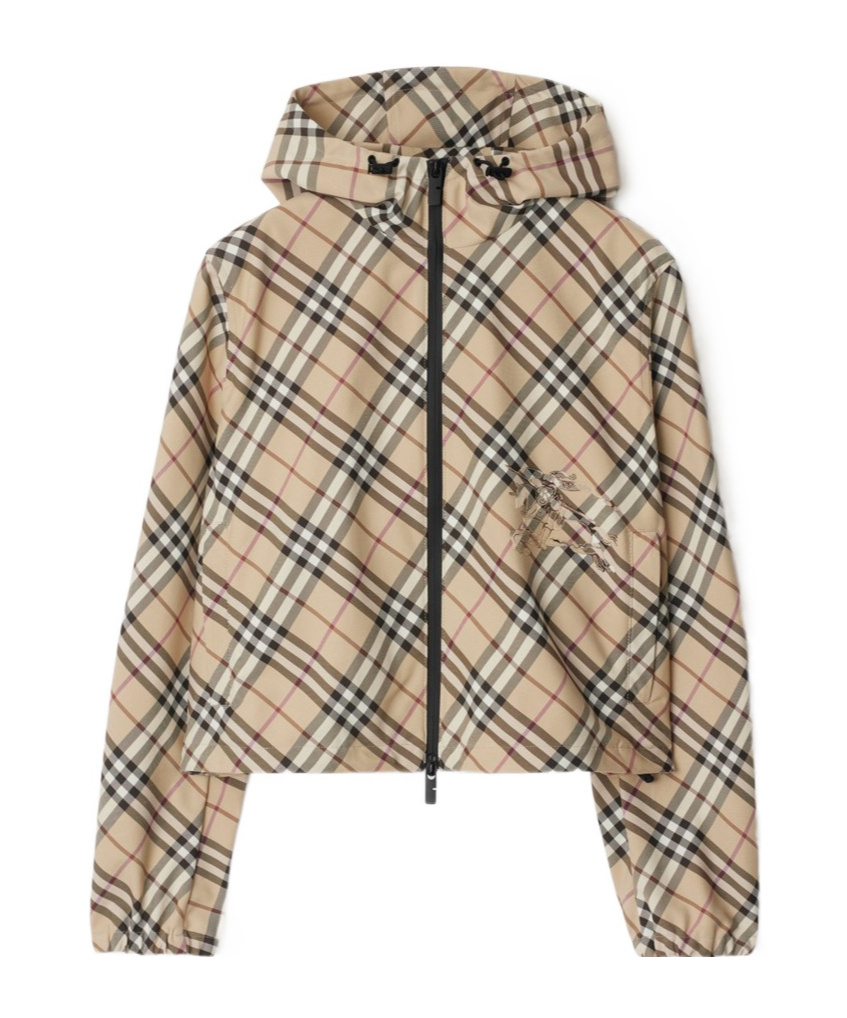 Burberry Cropped Hooded Jacket With Classic Plaid Pattern In Nude