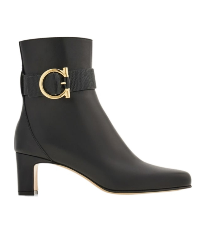 Ferragamo Gancini Ornament Mid Heel Ankle Boot In Black