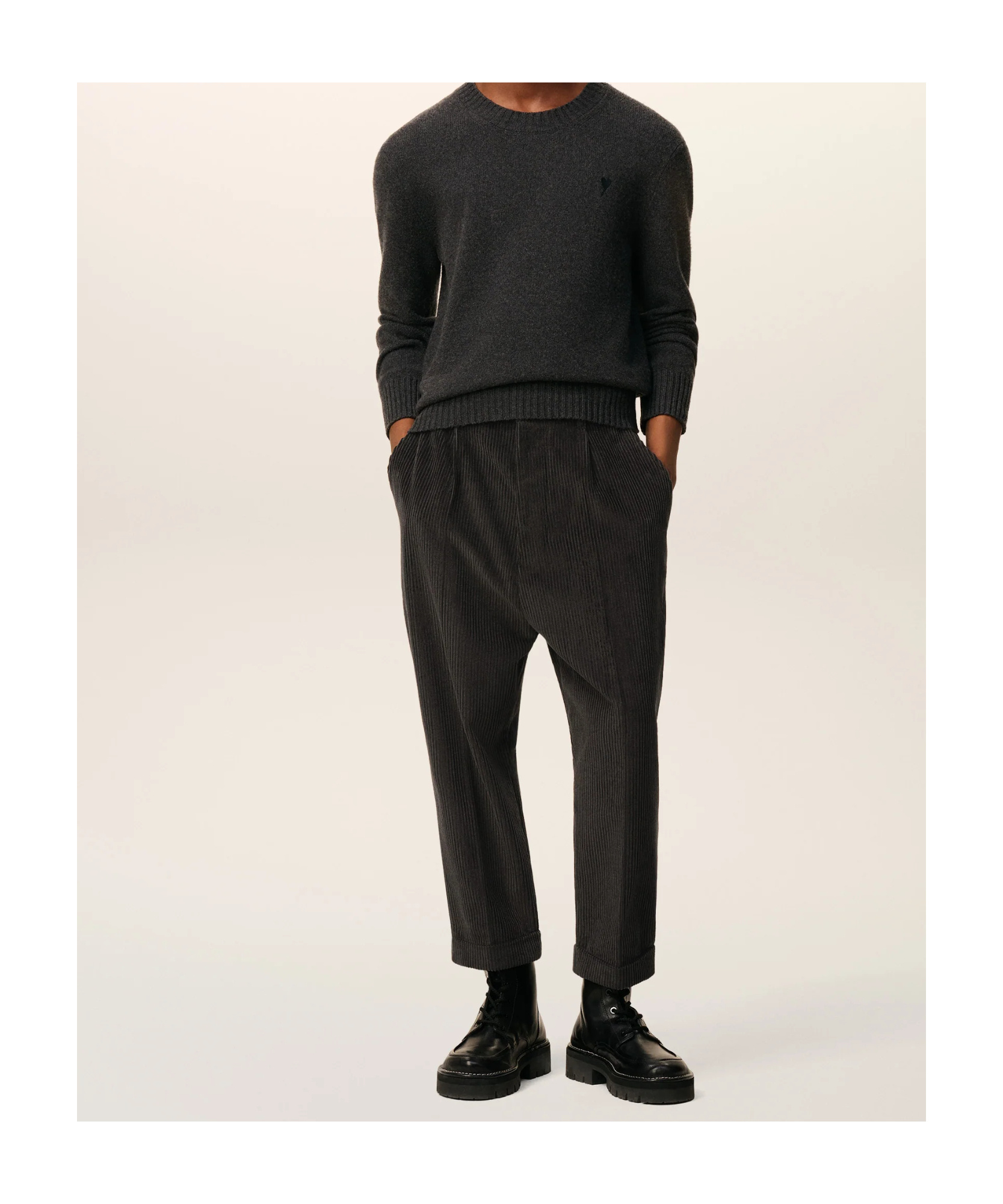 Ami Alexandre Mattiussi Ami Charcoal Grey Corduroy Pleated Cuffed Trousers In Black