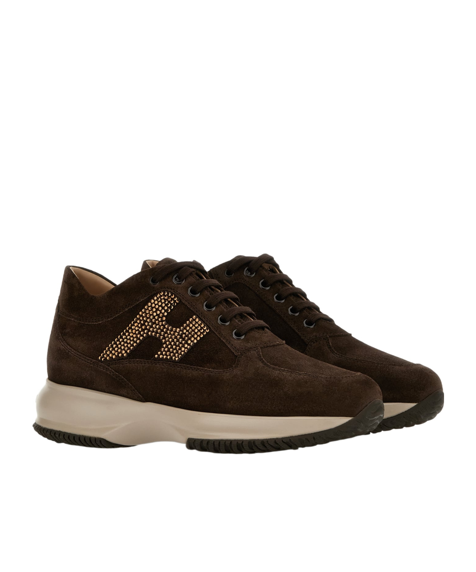 Hogan Interactive Suede Sneakers With Rhinestones Shoes In Brown