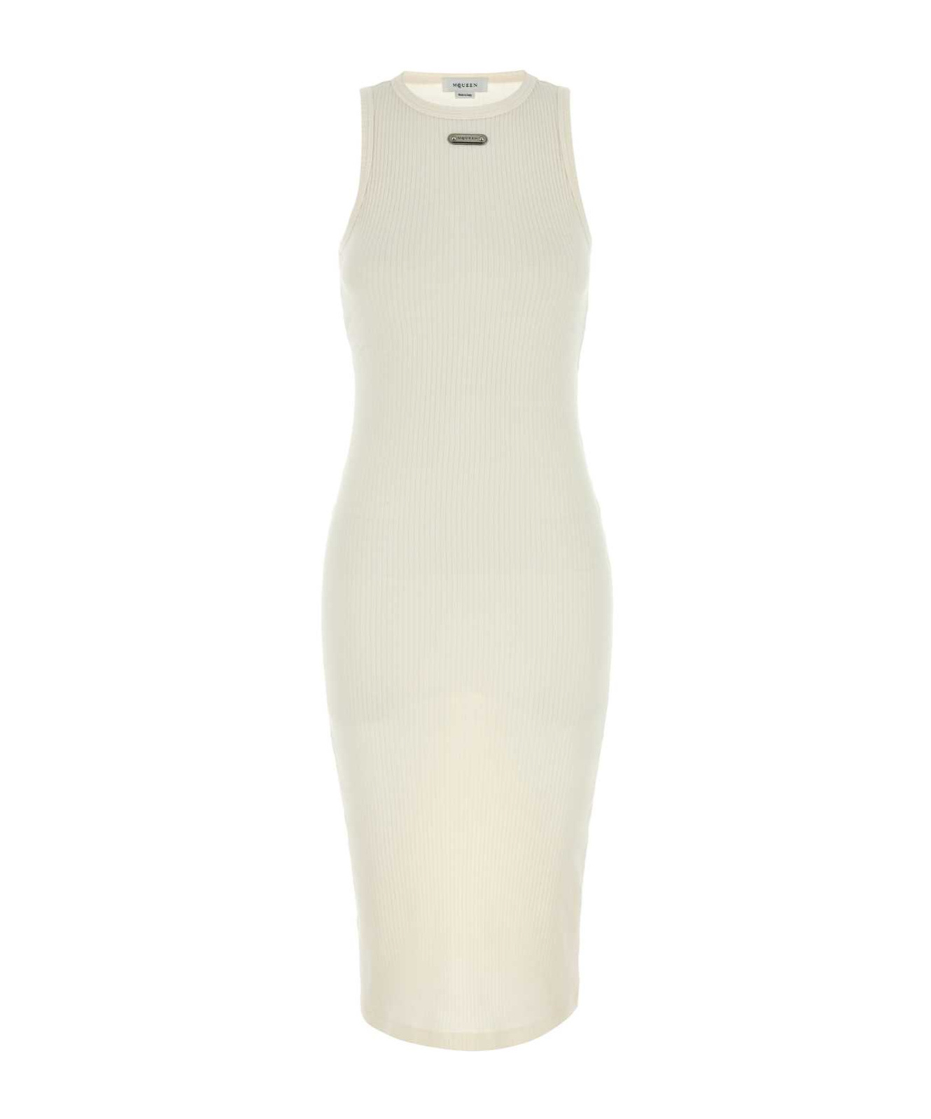 Alexander Mcqueen Cotton Crew Neck Midi Dress With Ribbed Texture In White