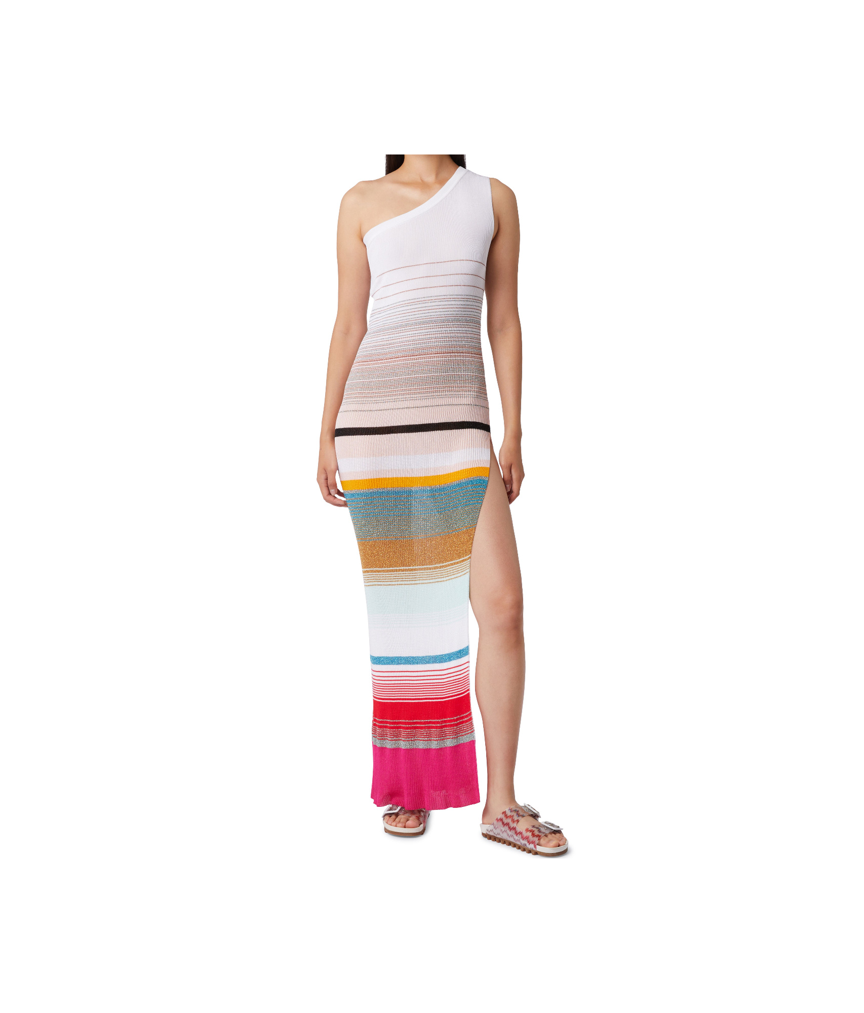 Shop Missoni One-shoulder Dress In Striped Ribbed Knit With Lurex In Multicolor