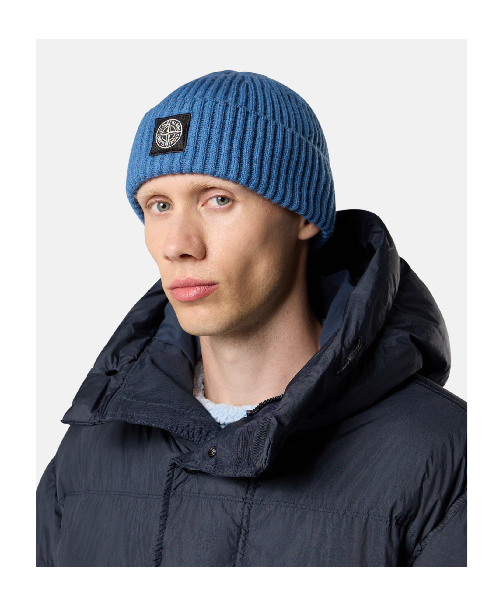 Stone Island Beanie With Compass Logo Patch In Blue
