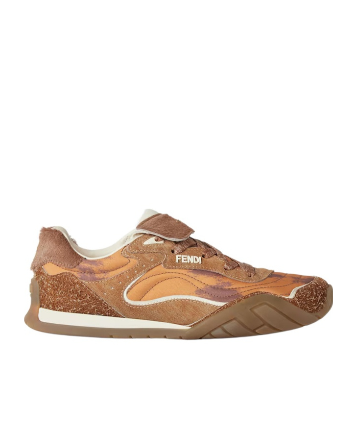 Fendi Orange Fabric And Brown Cavallino Calfskin Low-tops In Brown